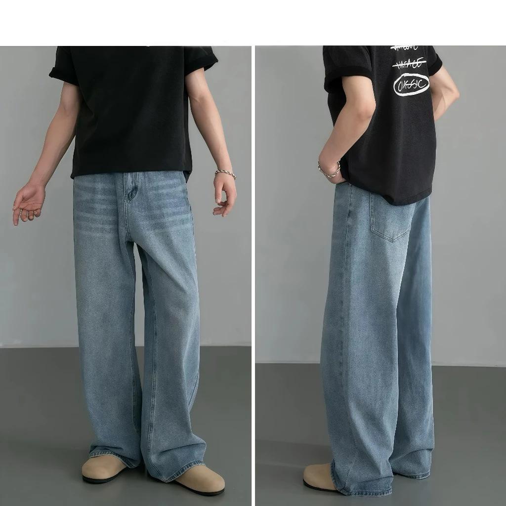 Men's Spring/Fall Washed, Distressed, Loose-Fit Wide-Leg Jeans; Youth Plus Size Retro Straight-Leg Pants