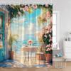 Greek Mediterranean Shower Curtain Purple Flowers Blue Door Window White Architecture Nature Landscape Bathroom Curtains Decor