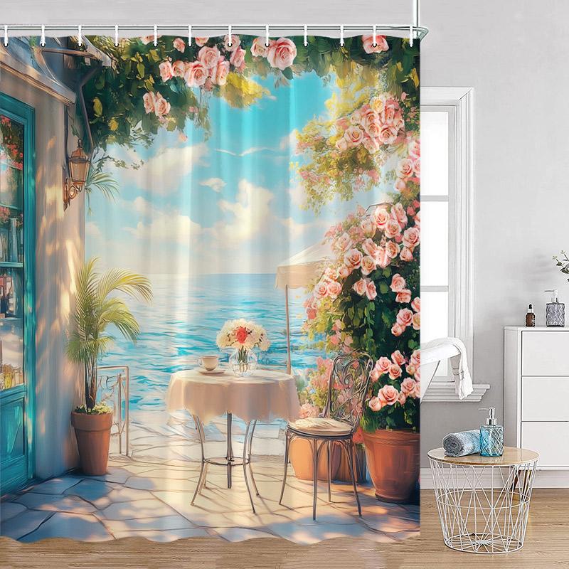Greek Mediterranean Shower Curtain Purple Flowers Blue Door Window White Architecture Nature Landscape Bathroom Curtains Decor