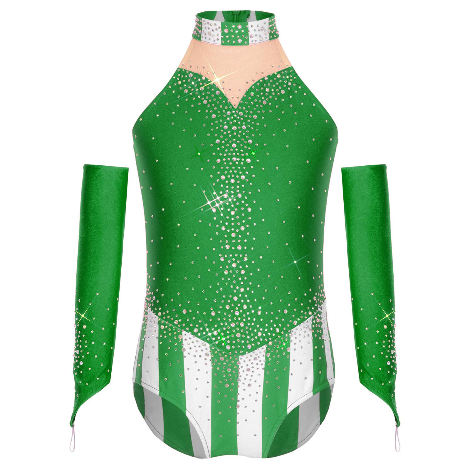 

Girls Carnival Leotard Sleeveless Patchwork Jumpsuit Mock Neck Rhinestones Decoration Back Zipper Oversleeves Set 5-6 Years
