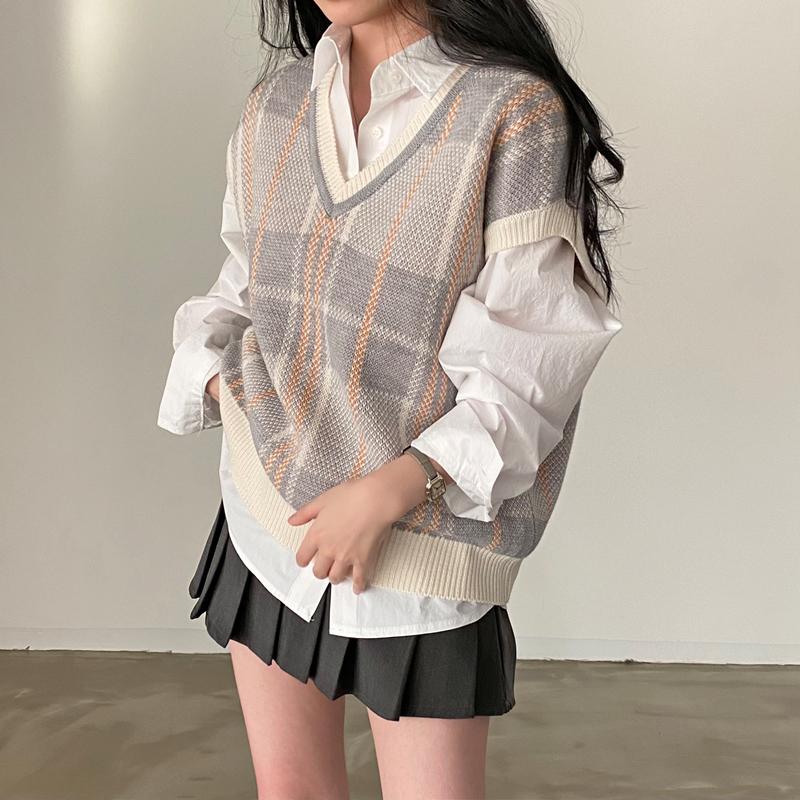 Ärmellose Weste Weste kariert übergroß Frühling Herbst Damen Pullover Pullover Strickwaren Tops