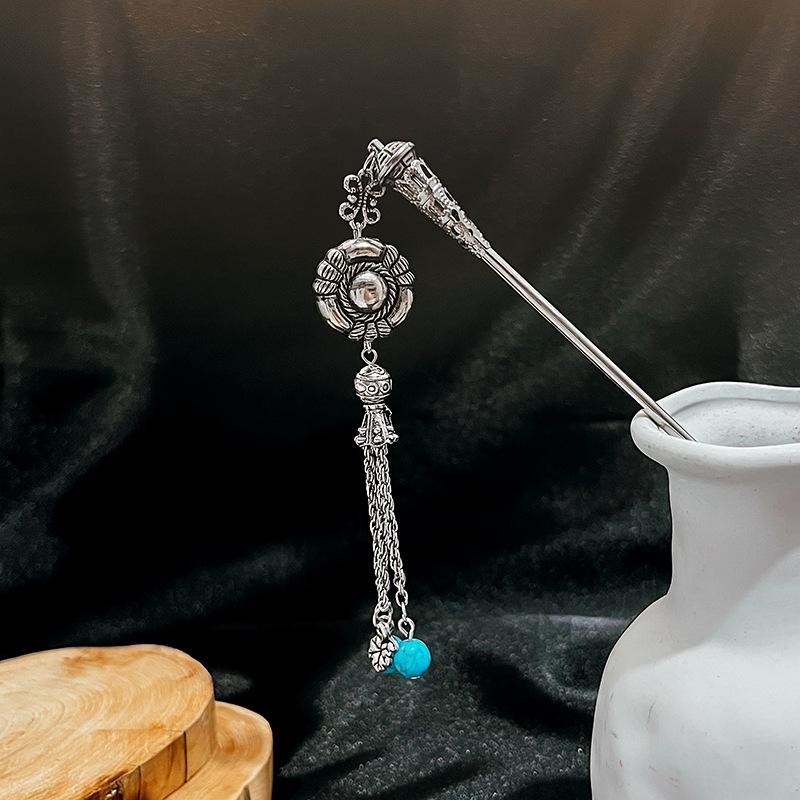 New Chinese Style National Tide Hairpin Minority Wind Hanfu Court Shaking Turquoise Hollow Flowers Tassel Hairpin