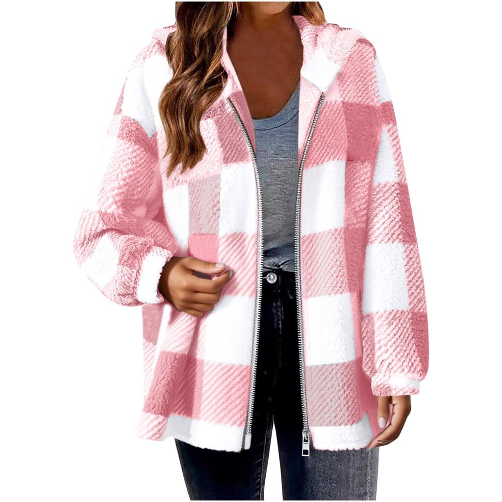 Women's Plaid Zipper Loose Plush Casual Jacket