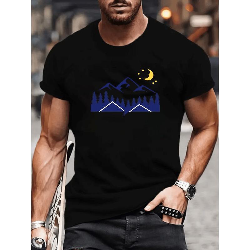 European Sizes The Mountain Forest Moonlit Night Pattern Print, Men's Clothing, Very Versatile for Fitness Training,