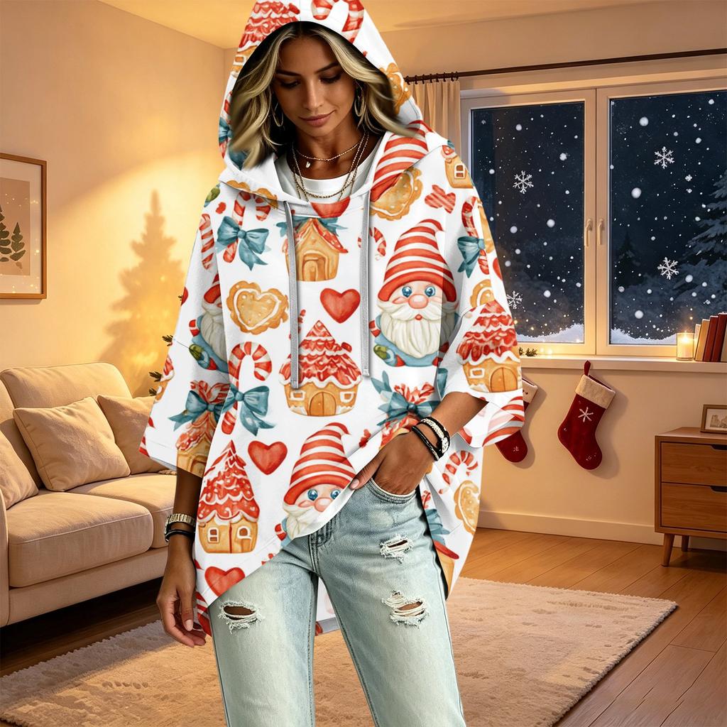 Women's Fashion Christmas Print Hooded Pullover Top, 3/4 Sleeve Casual Tunic