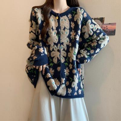 Big Size Women's Fall and Winter New Cardigan, Long-sleeved Floral Sweater Fashion Loose Models Sweater Knitwear