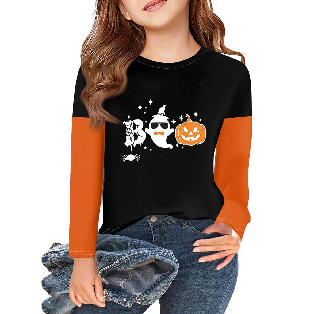 Jenter Langermet Halloween Dag T-skjorter Barn Høst Topper Rund hals Basic T-skjorter 2-11Å