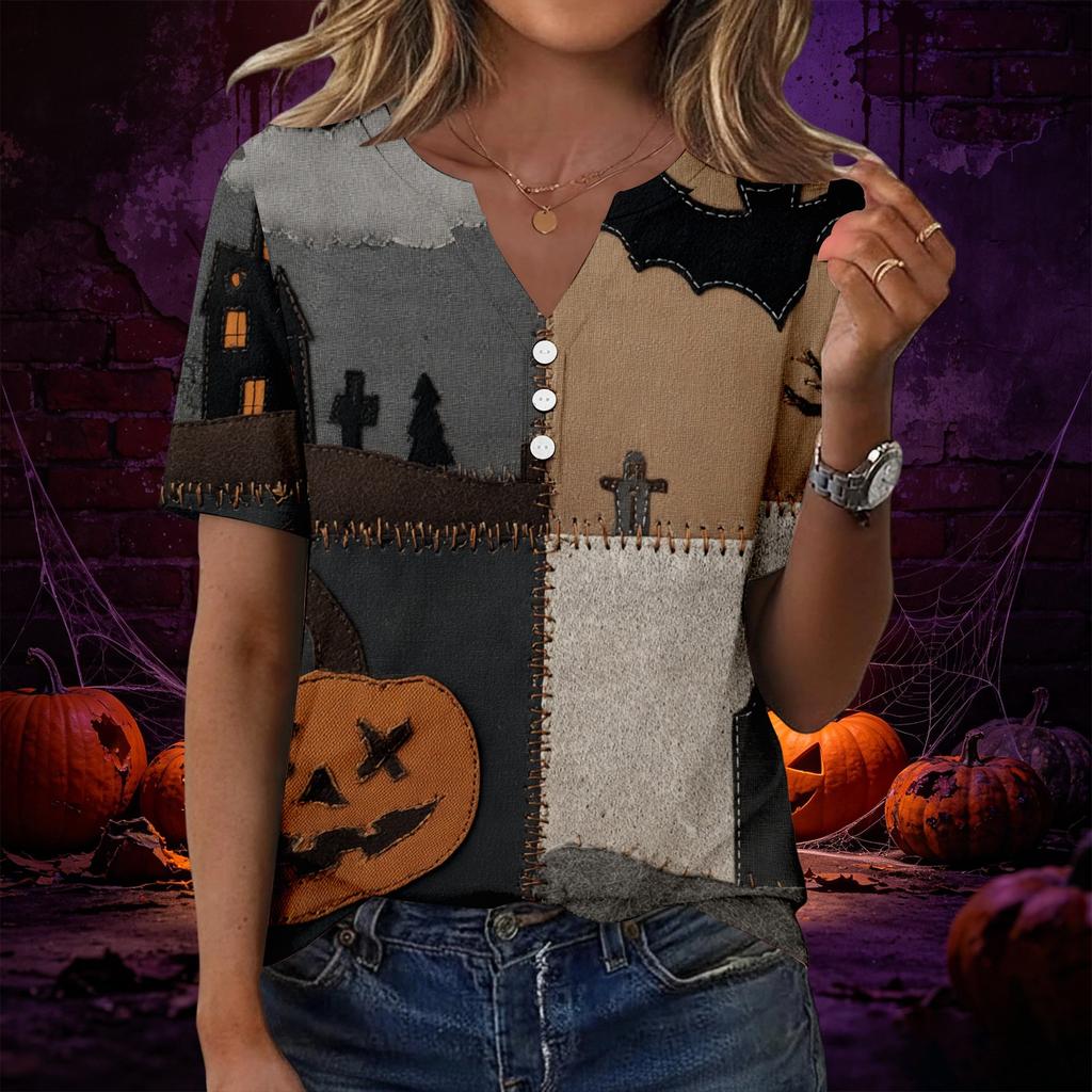 Womens Casual Halloween Print V Neck Short Sleeve Button Decor T Shirt Top Lightweight Comfortable Fit
