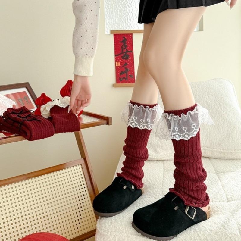 Womens Cotton Sock Sleeves For Autumn Winter Lolita Lace Ruffle Leg Warmers In Ankola Red New Year Christmas Ballet Style Calf Socks
