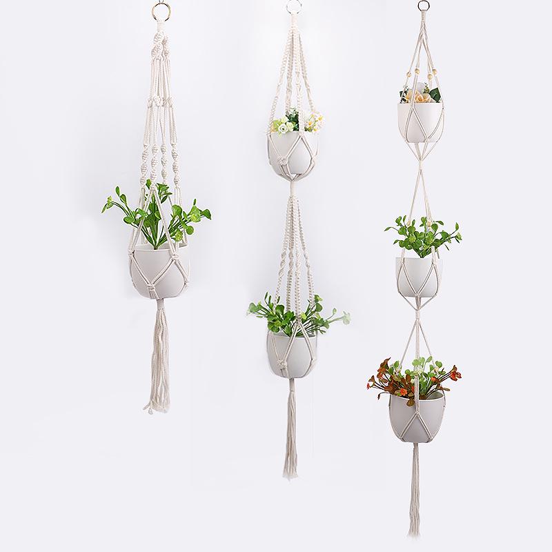 Gardening Green Plant Hanging Basket Cotton Rope Hanger Flower Pot Handmade Macrame Pot Pocket Wall Boho Courtyard Home Decor