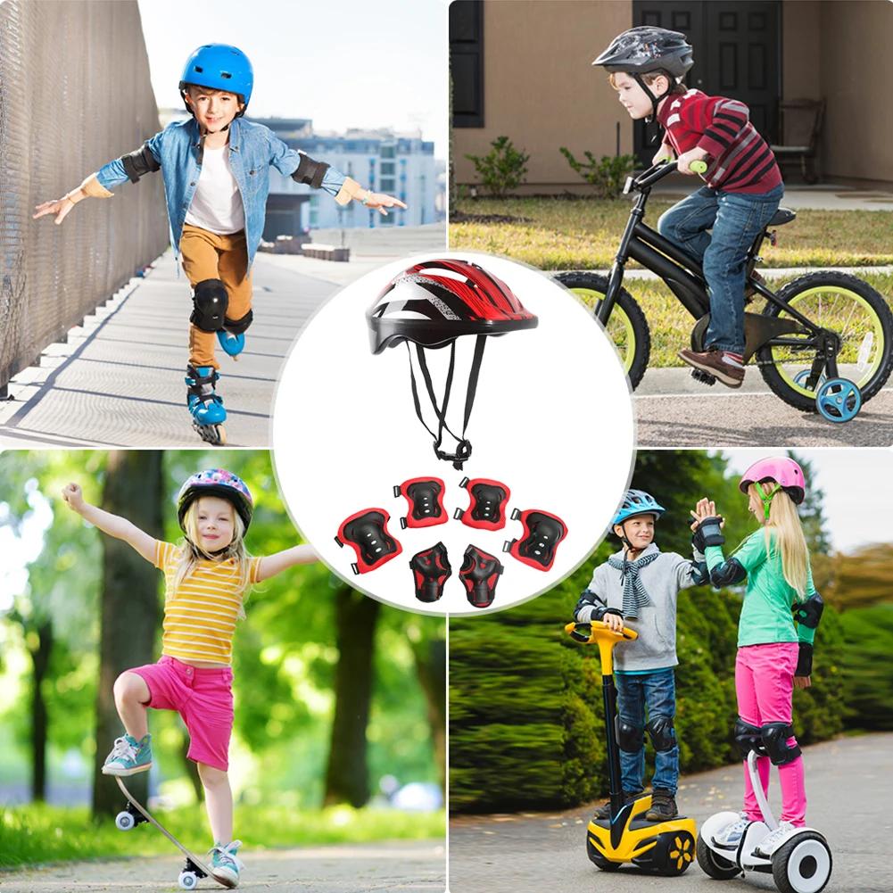 7Pcs Bicycle Sport Protective Gear Set Adjustable Kids Safety Skating Helmet Pad Set 48-55cm for Skateboard/Bike/Skating/Cycling