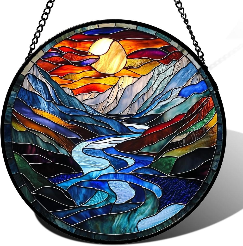 Stained Glass Window Hanging, Sunset Mountains Lake Tree Sun Catcher for Window Home Decor Landscape Suncatcher Mother's Day Birthday Gifts 7.8 in
