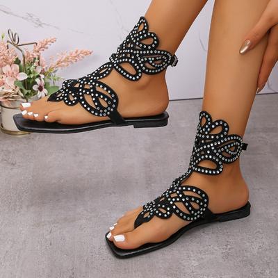 Large Size Solid Color Square Toe Clip Toe Rhinestone Hollow Out Fashion Women's Flat Sandals