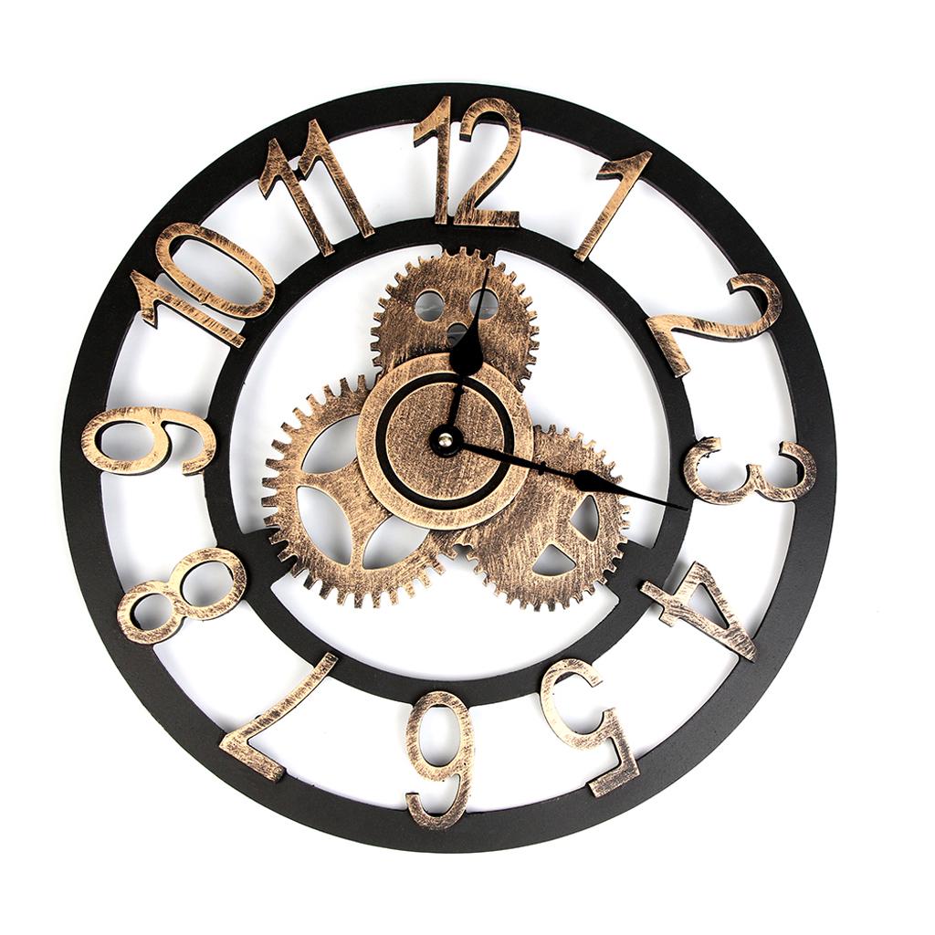 3D Retro Rustic Vintage Wooden Noiseless Steampunk Gear Wall Clock Roman Numerals