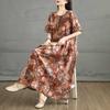 Summer Retro Cotton and Linen Round Neck Short Sleeved Dress, Women's Loose Skirt