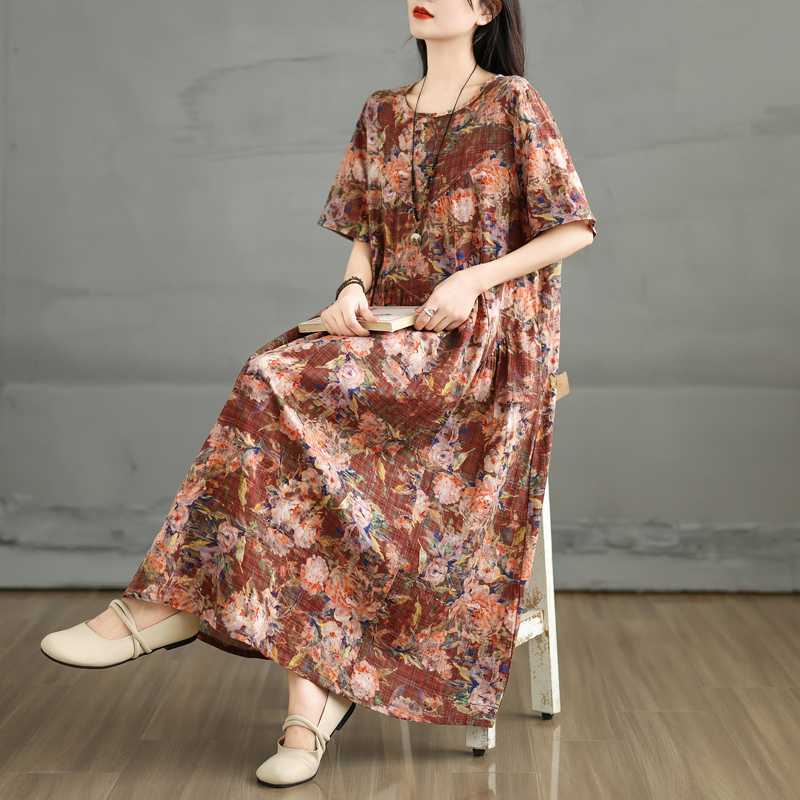 Summer Retro Cotton and Linen Round Neck Short Sleeved Dress, Women's Loose Skirt