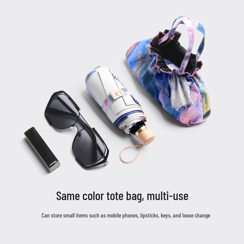 Women's UV-Protection Foldable Sun Umbrella - Compact, Portable, Manual, for Rain or Shine with Black Glue Coating.