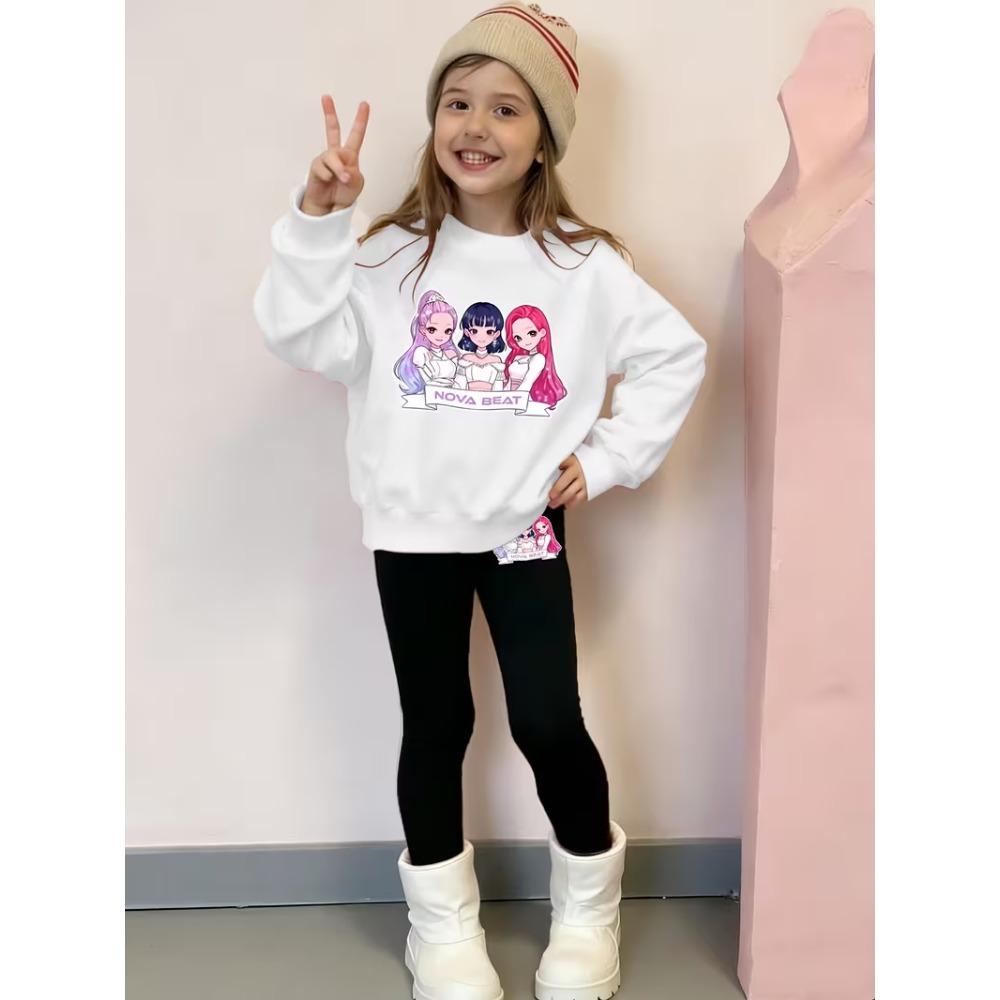 Girls' Cartoon Princess Casual Comfortable Soft Loose Pullover Sweatshirt and Leggings 2-Piece Set, New Autumn/Winter, Playful, Sweet and Cool Style
