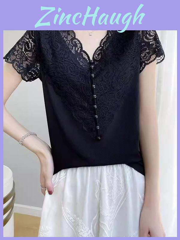 Summer Slim Fit T Shirt With Lace Paneling Polyester Fabric For Office Wear For Women