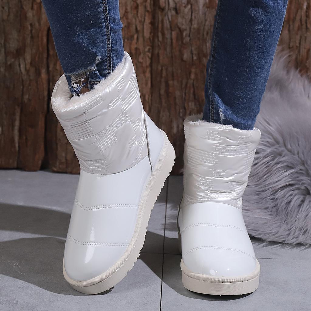 Hiver bout rond noir talon plat tige moyenne chaussures imperméables moulées par injection tube bas laine artificielle décontracté chaussures en coton