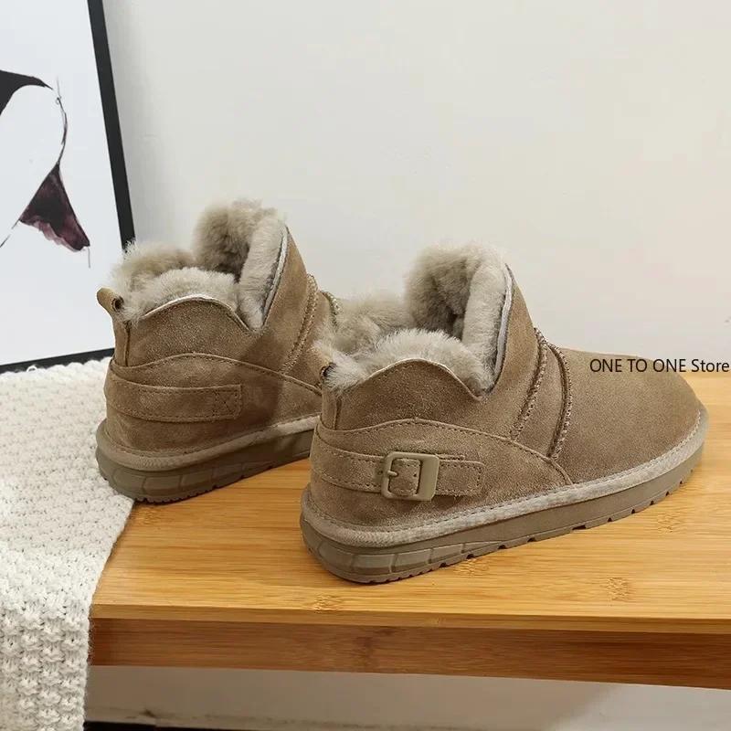 Fashion 2025 Snow Boots Women Cow Suede Furry Solid Color Round Toe Hook & Loop Flat With Winter Lasies Shoes Winter Footwear Plush Med