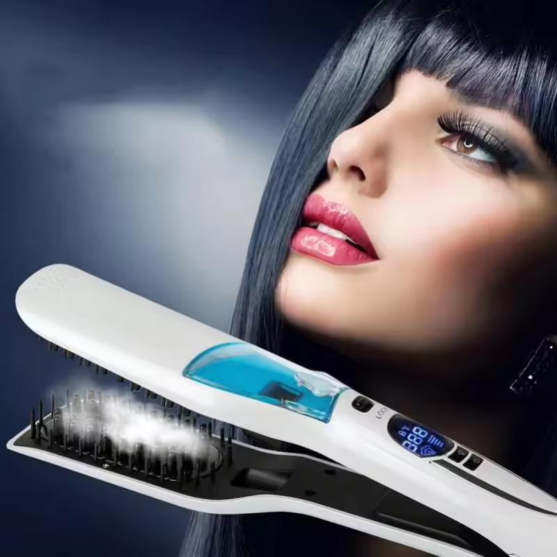 Professional Hair Straightener Brush Wet Dry Fast Ionic Steampod Mist Flat Iron Electric White LCD