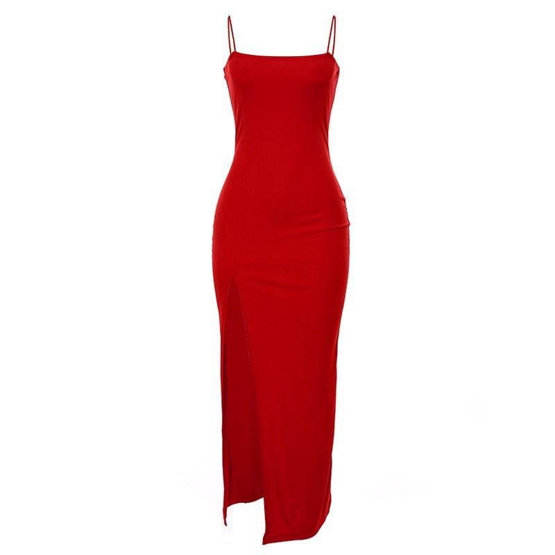 2026 European & American Fashion Slim Waist-Cinching Solid Color Slit Spaghetti Strap Dress for Women