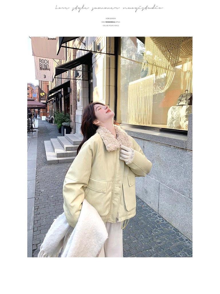 Beige Patchwork Lambswool Lapel Parka with Rabbit Fur - Women's New Winter 2025 Casual Jacket