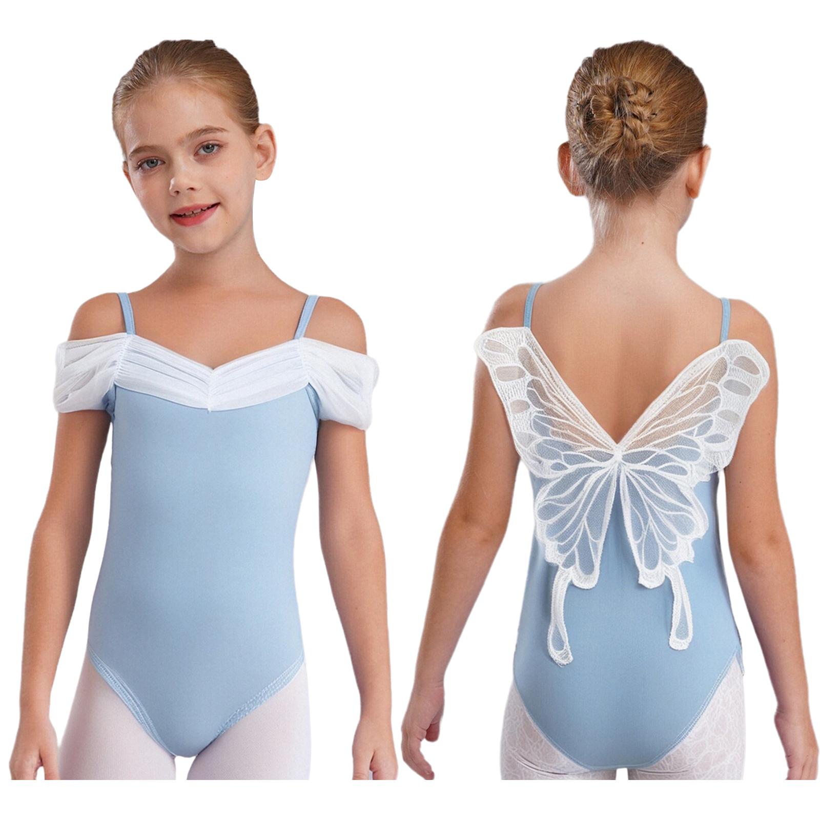 

Kids Girls Stage Dance Leotard: Ruched Mesh Collar Spaghetti Straps Butterfly Back Sleeveless Costume for Gymnastics Performance 3-4 Years светло-синий