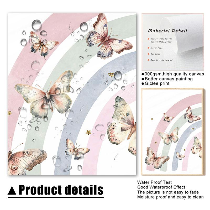 Pink Rainbow Butterfly Custom Baby Name Wall Art Nursery Canvas Prints Painting Watercolor Posters Pictures Girl Kids Room Decor
