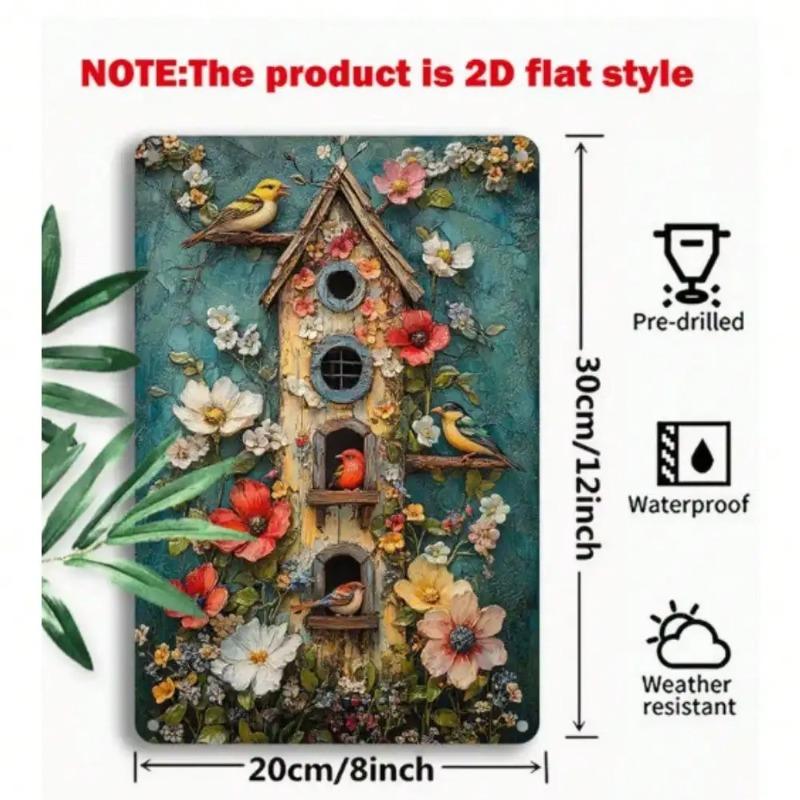 Vintage Floral Metal Art 3D Birdhouse Wall Decor Garden Farmhouse Sign
