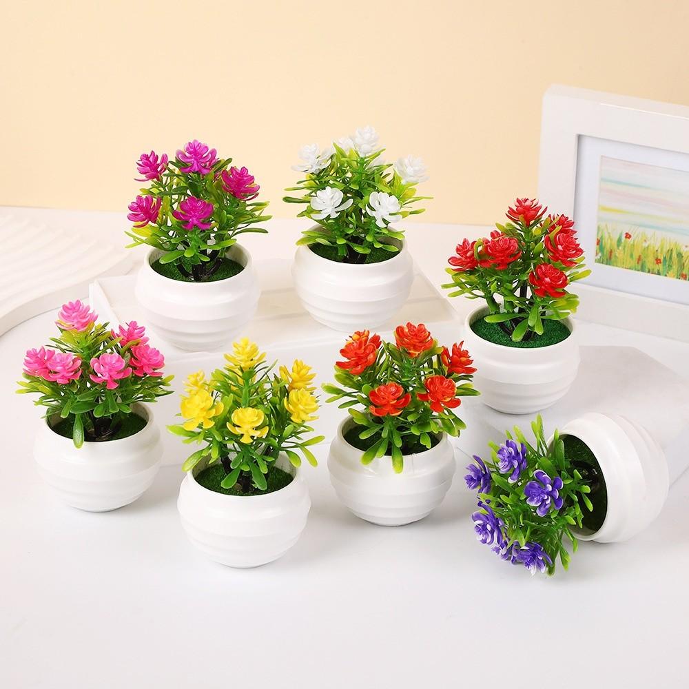 New 7 Flowers Artificial Potted Plant with White Pot Small Artificial Faux Plants Multi-Bloom Simulated Tree Indoor Decoration