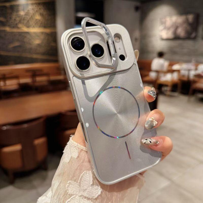 Hardware lens holder with ice crystal glitter and magnetic aurora CD pattern suitable for Apple 17PM phone protective case