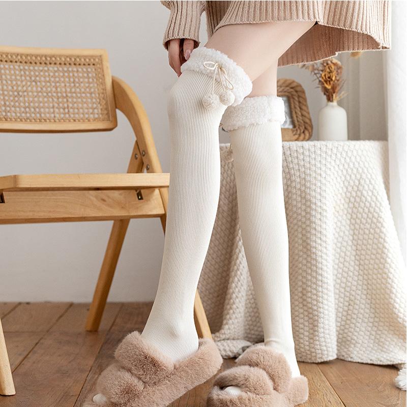1Pair Women Plush Stockings Thick Wool Ball Socks Autumn Winter Lolita Kawaii Vertical Stripe Plush Stockings Tights