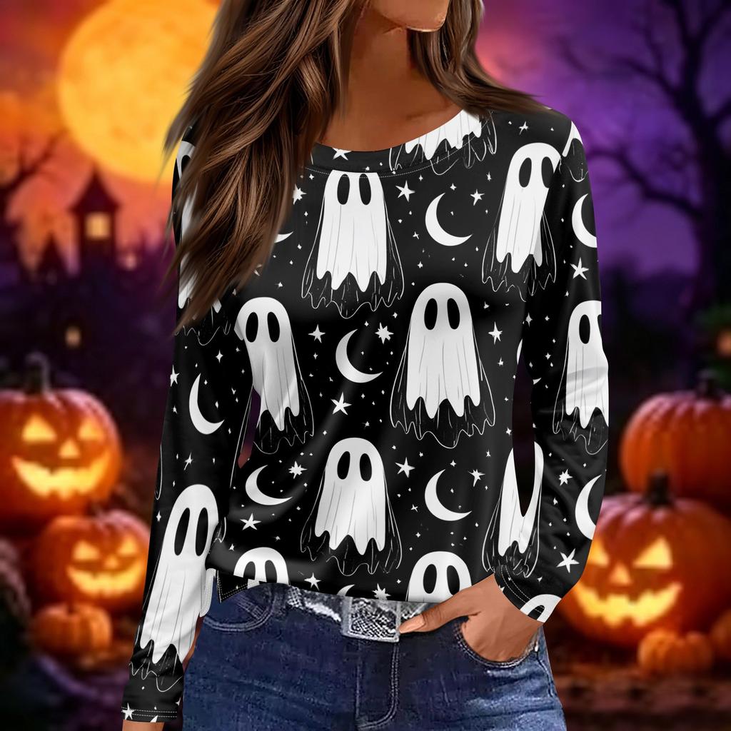 Women's Halloween Print Long Sleeve Round Neck Top with Hem Slits for Casual Fall Outings