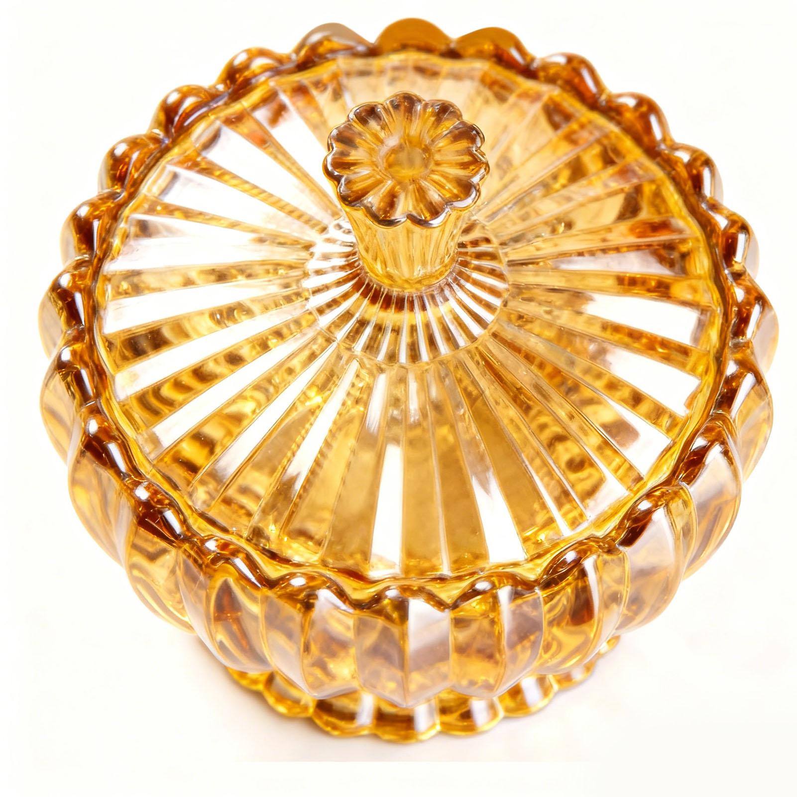 Crystal Candy Jar with Lid Amber Exquisite Glass Covered Candy Dish for Cookie Jewelry Snack Storage Amber Stripe Short