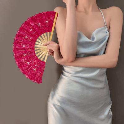 Lace Folding Fan with Tassel Hollow Ribs Vintage European Dance Performance Party Photo Props Portable Summer Hand Held Fan Women Girls Gift