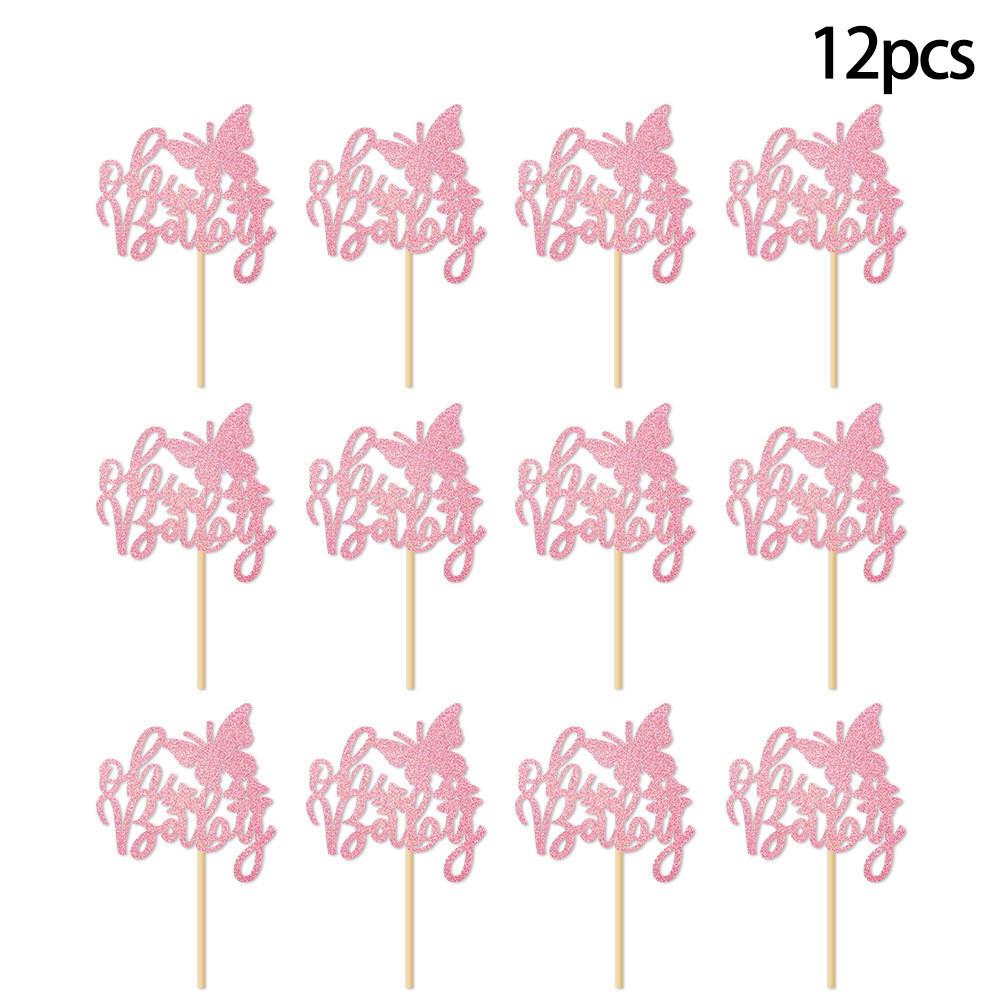 Baby Birthday Celebration Cake Decor Kit With Pink Glitter Paper Flags Event For