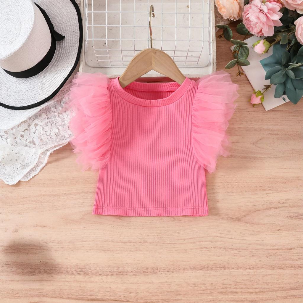 Girls Sweet Mesh Sleeve Top With Ruffle Round Neck