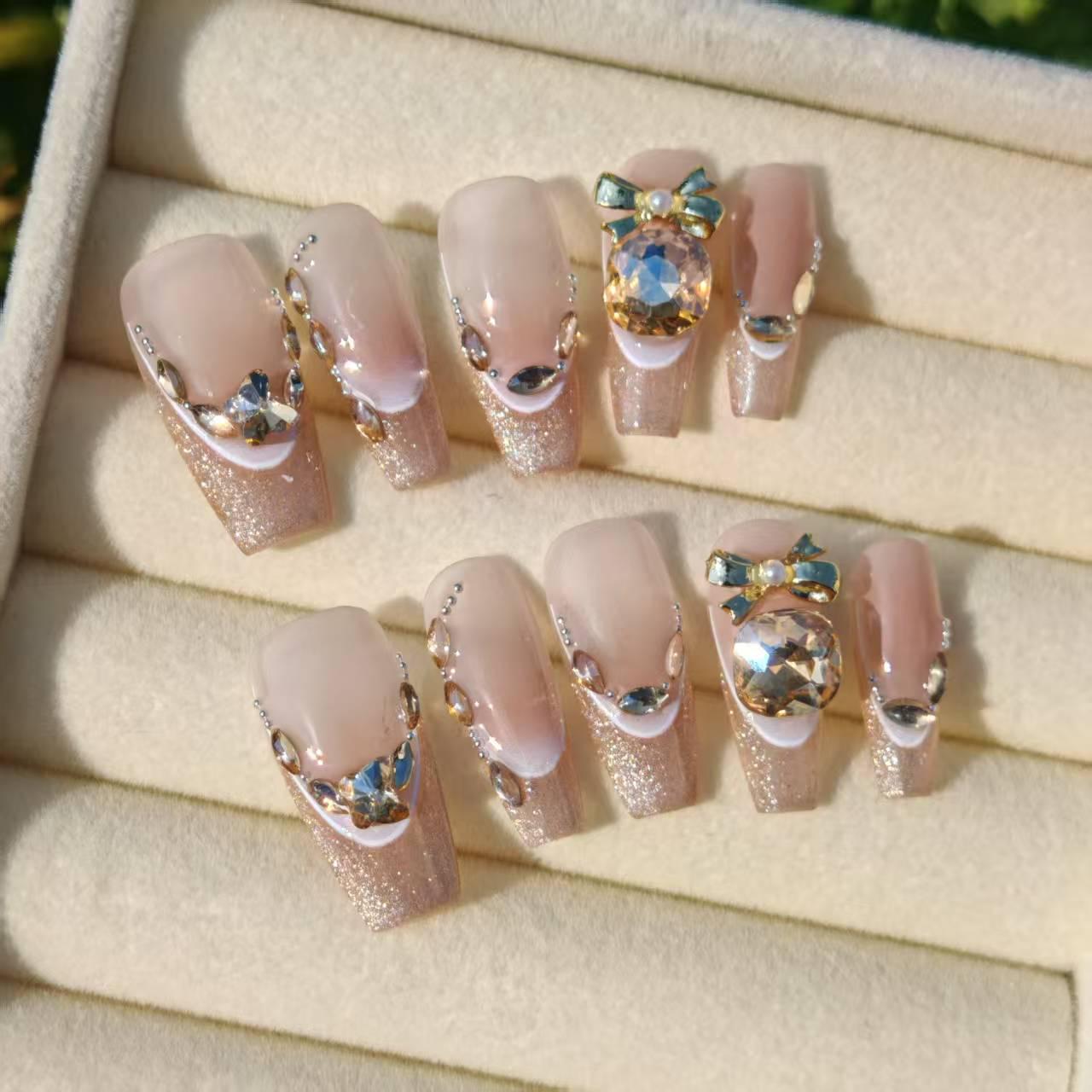 

Elegant Parisian Pink Blush and Champagne Glitter Medium Ladder Nail Tips Medium M