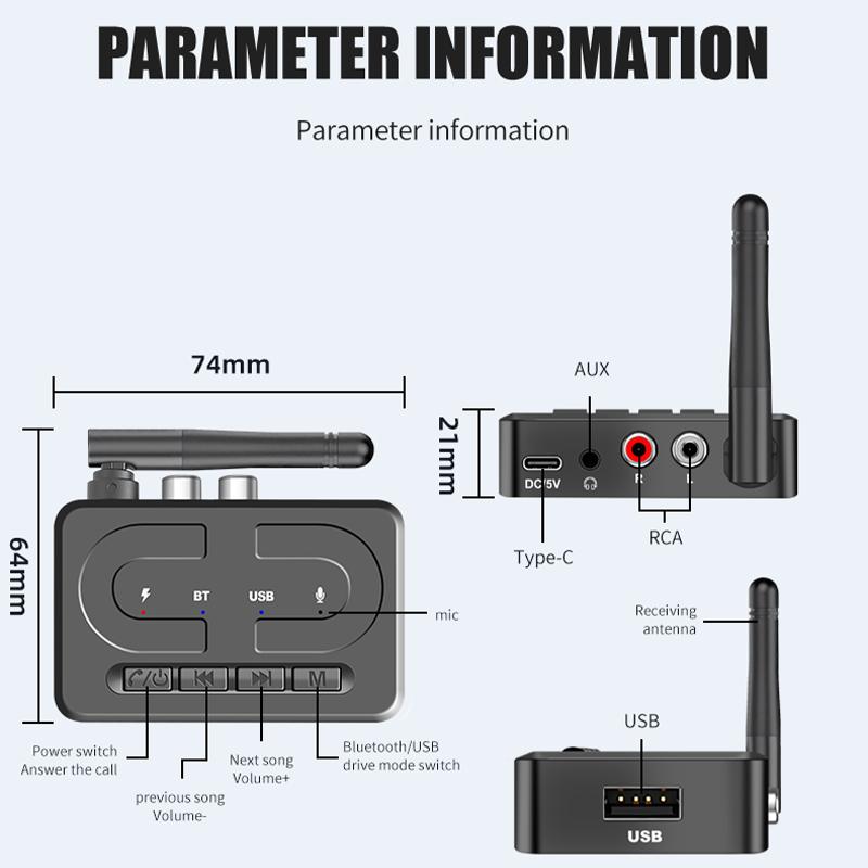 Bluetooth 6.0 Audio Receiver 3.5mm AUX RCA With Mic HIFI Stereo Wireless Adapter Support USB U-Disk For Car Speaker Amp