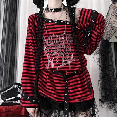 2KWEIRD Harajuku Punk Striped Print T Shirts Y2k Gothic Girls Off Shoulder Blue Red Loose Butterfly Letter 2000s Subculture Grunge Tees