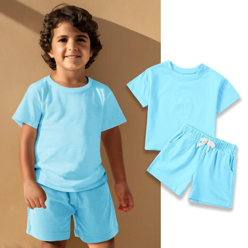 Boys and Girls Cotton Short Sleeve Shorts Solid Color Leisure Set 2025 Summer Children's Fashion Set