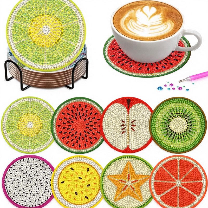 8-teiliges Diamantmalerei-Untersetzer-Set, DIY-Diamantkunst-Kit, Fruchtscheiben-Untersetzer, Diamant-Tischunterlage, Wassermelone Zitrone Kiwi, Tischdekoration, Handgemachtes Geschenk