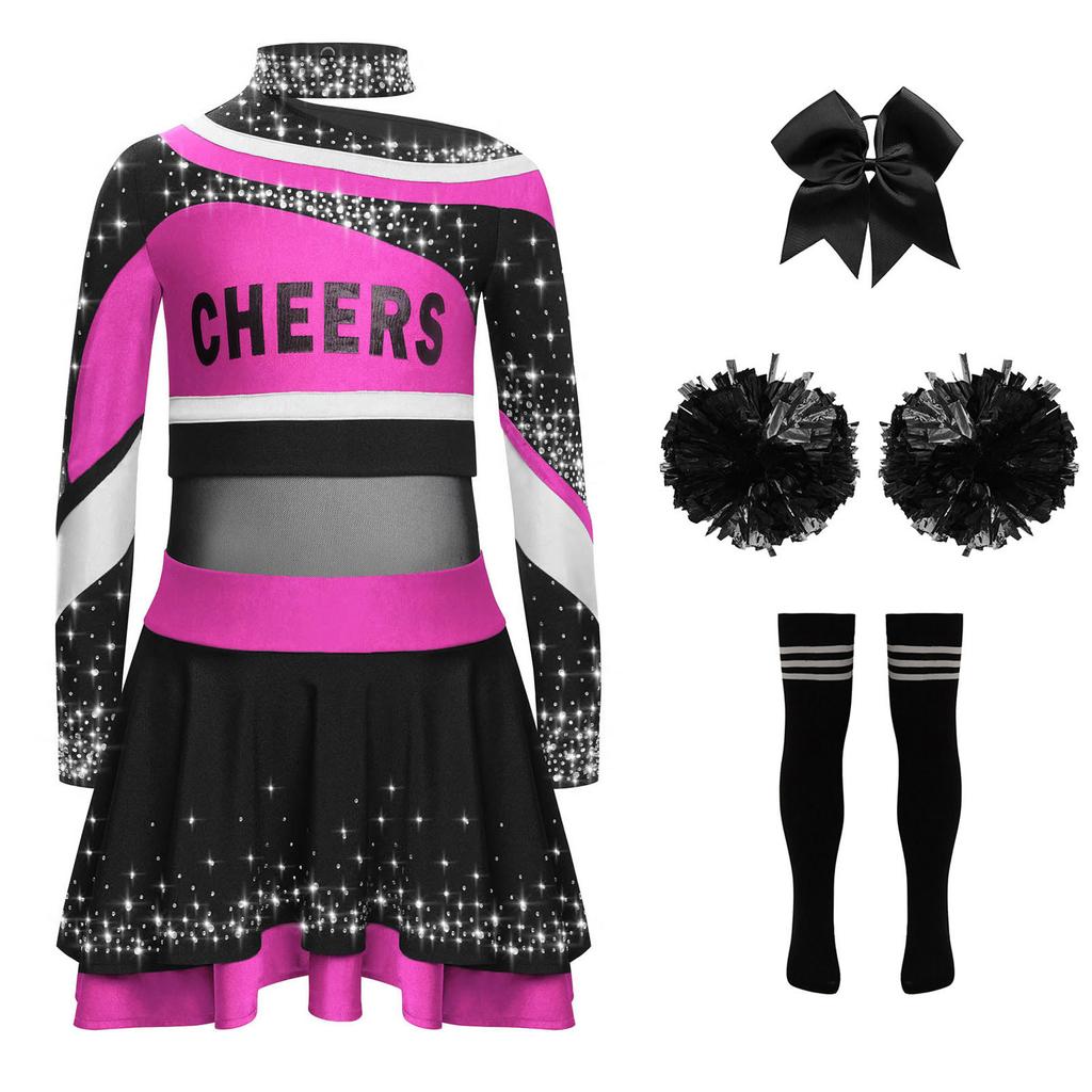 Girls Cheerleading Costume Set Long Sleeve Rhinestone Letter Print Color Block Top Skirt Bowknot Headband Striped Socks Pom Poms
