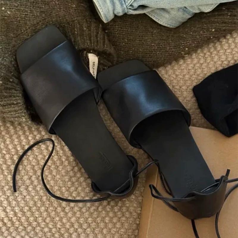 

Flats Women Sandals Lace Up Slippers Cozy Summer Woman Shoes 2025 New Designer Slides Casual Dress Sandalias De Mujer 40 чёрный