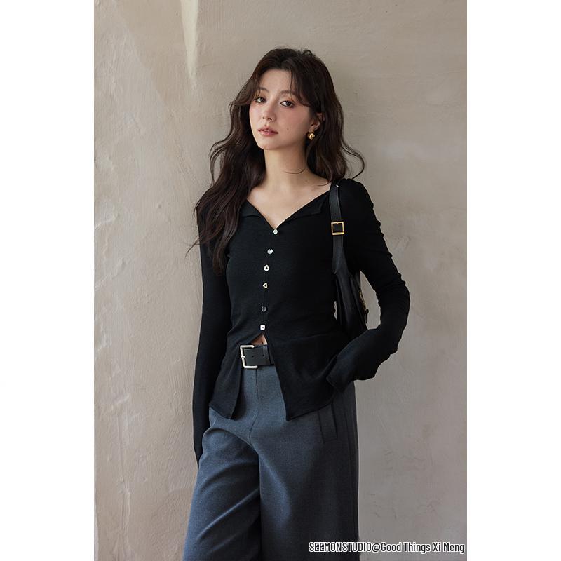 

Xi Meng 2025 Early Autumn Korean Relaxed V-neck Slimming Long Sleeve Top Medium чорний