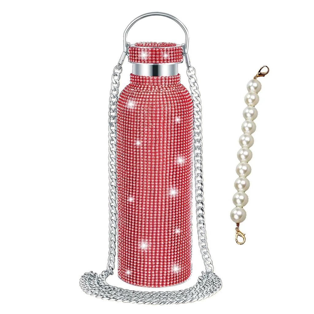 500/600/750/1000ml Diamond Thermos Bottle With 2pcs Chain Portable Rhinestone Water Bottle Stainless Steel Thermal Vacuum Flask