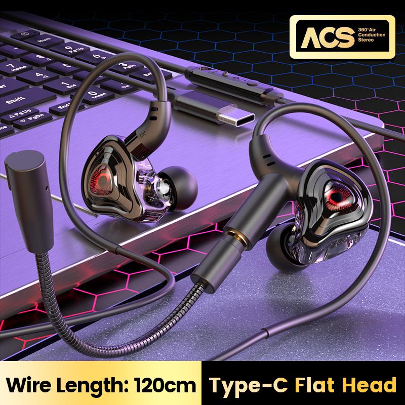 Game Wired Headphones With Dual Microphones Type C 3.5mm In-ear Earphones HiFi Stereo Headsets Sport Gaming Headphone For Phone