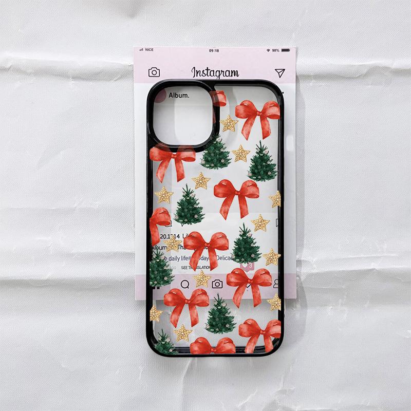 Cute Pink Bowknot Bow Phone Case for IPhone 16 17 15 14 13 12 11 Pro Max 13 12 7 8Plus Cartoon Christmas Style Clear Pink Cover